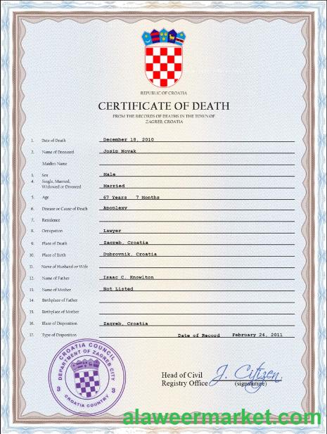 Croatia death certificate PSD template